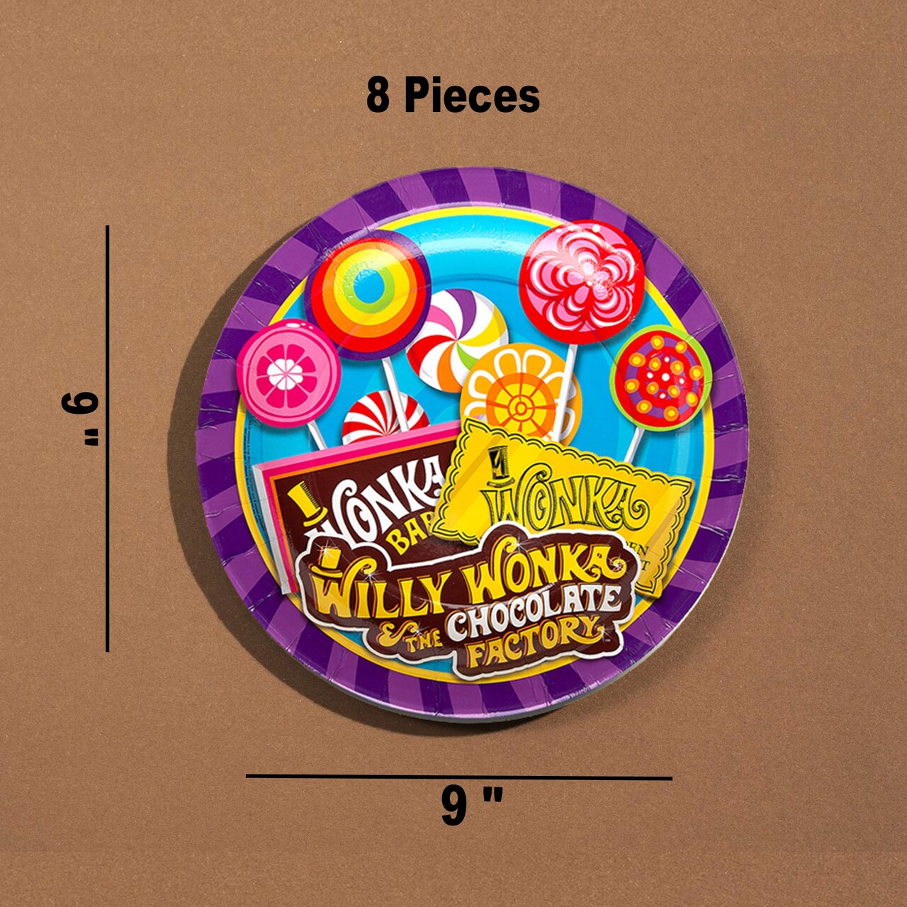 8 Count Willy Wonka Candy Theme Paper Dinner Plates 9 Inch for Birthday Party
